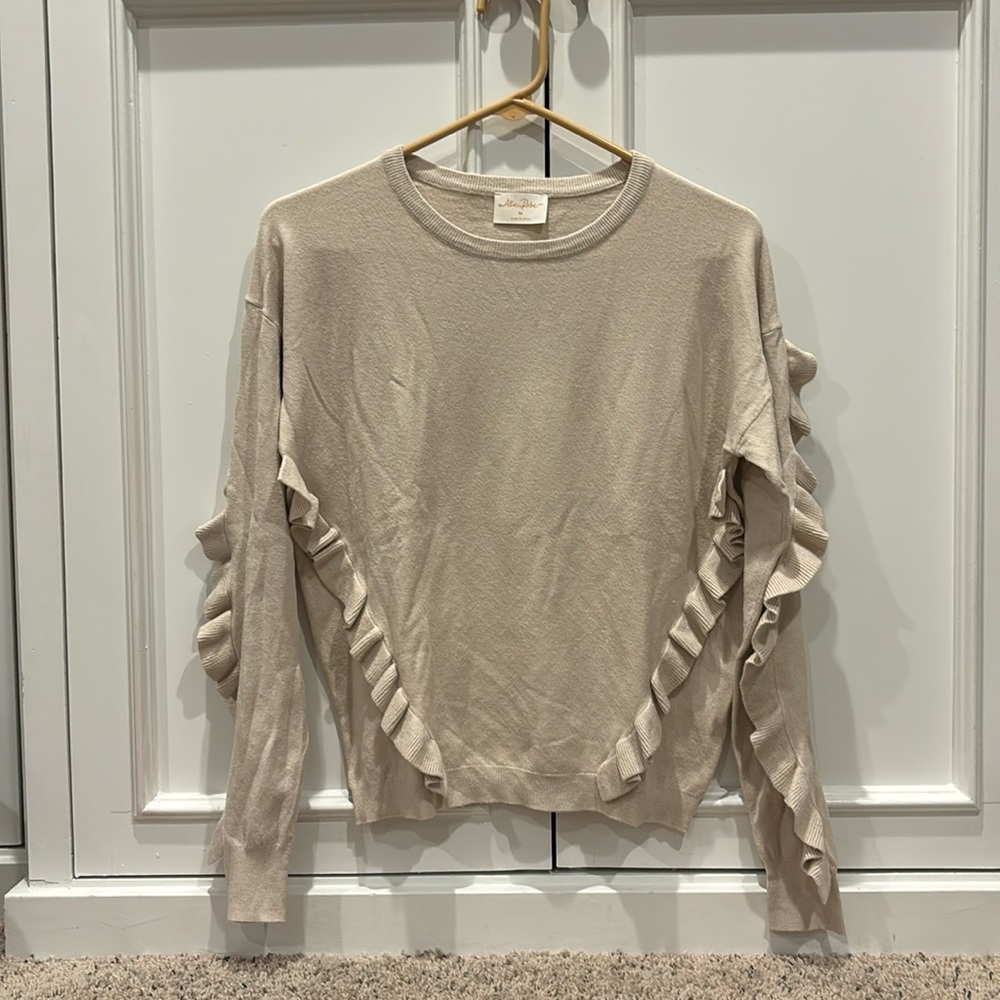 ALLIE ROSE. Tan Ruffled Crewneck Sweater. M